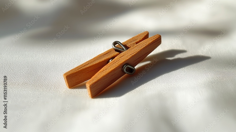 A miniature wooden clothespin rests on a white surface. Perfect for crafts or dollhouse decor. A miniature wooden clothespin rests on a white surface. Perfect for crafts or dollhouse decor.