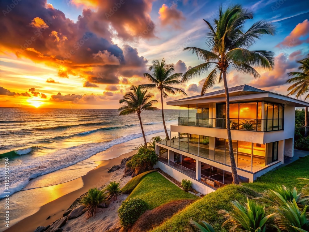 Fototapeta premium Luxurious Beachfront Home: Stunning Ocean View Estate at Sunset
