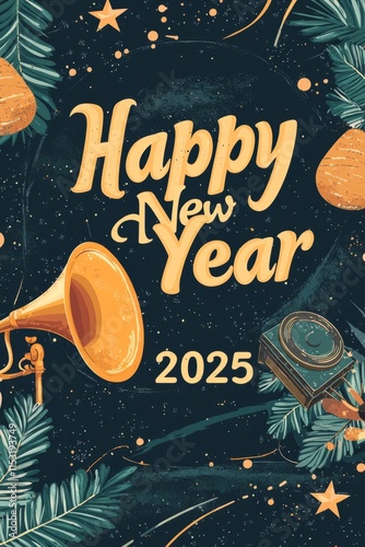 A vintage-style background with Happy New Year 2025 written in retro font. Classic party decoration