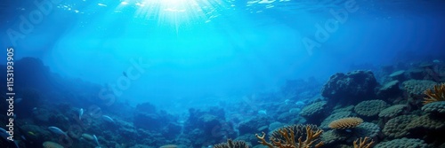 Underwater Landscape with Vibrant Coral Reefs and Simmering Sunlight Filtering Through the Clear Blue Water of an Ocean Environment photo