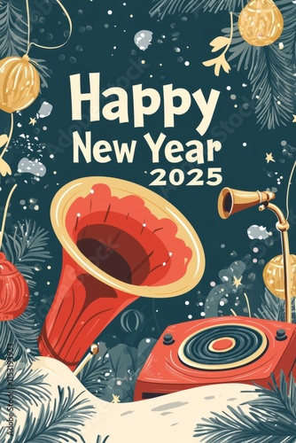 A vintage-style background with Happy New Year 2025 written in retro font. Classic party decoration