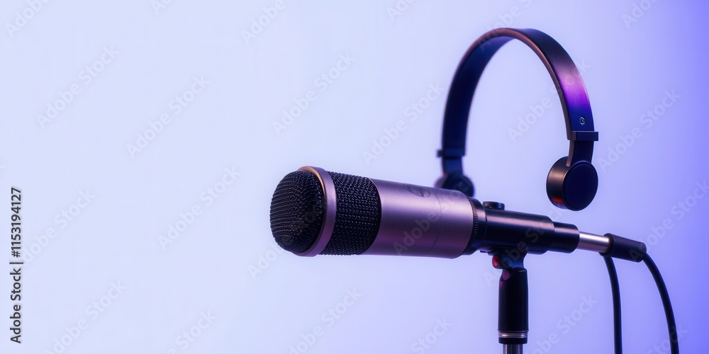 Professional microphone and headphones set against a soft blue background, ideal for audio recording, podcasting, and music production settings in a modern studio environment. Professional microphone and headphones set against a soft blue background, ideal for audio recording, podcasting, and music production settings in a modern studio environment.