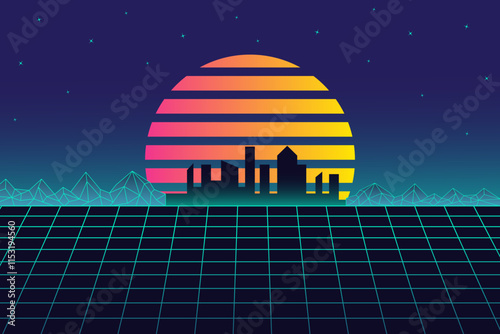 Retro futuristic vaporwave cityscape with grid foreground, neon sunset, and geometric mountains under a starry sky. Nostalgia abstract vector poster with copy space. photo