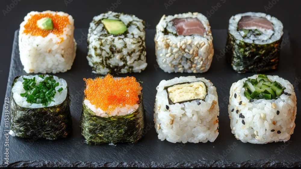 Assorted Sushi Rolls on Slate Plate with Vibrant Colors and Textures