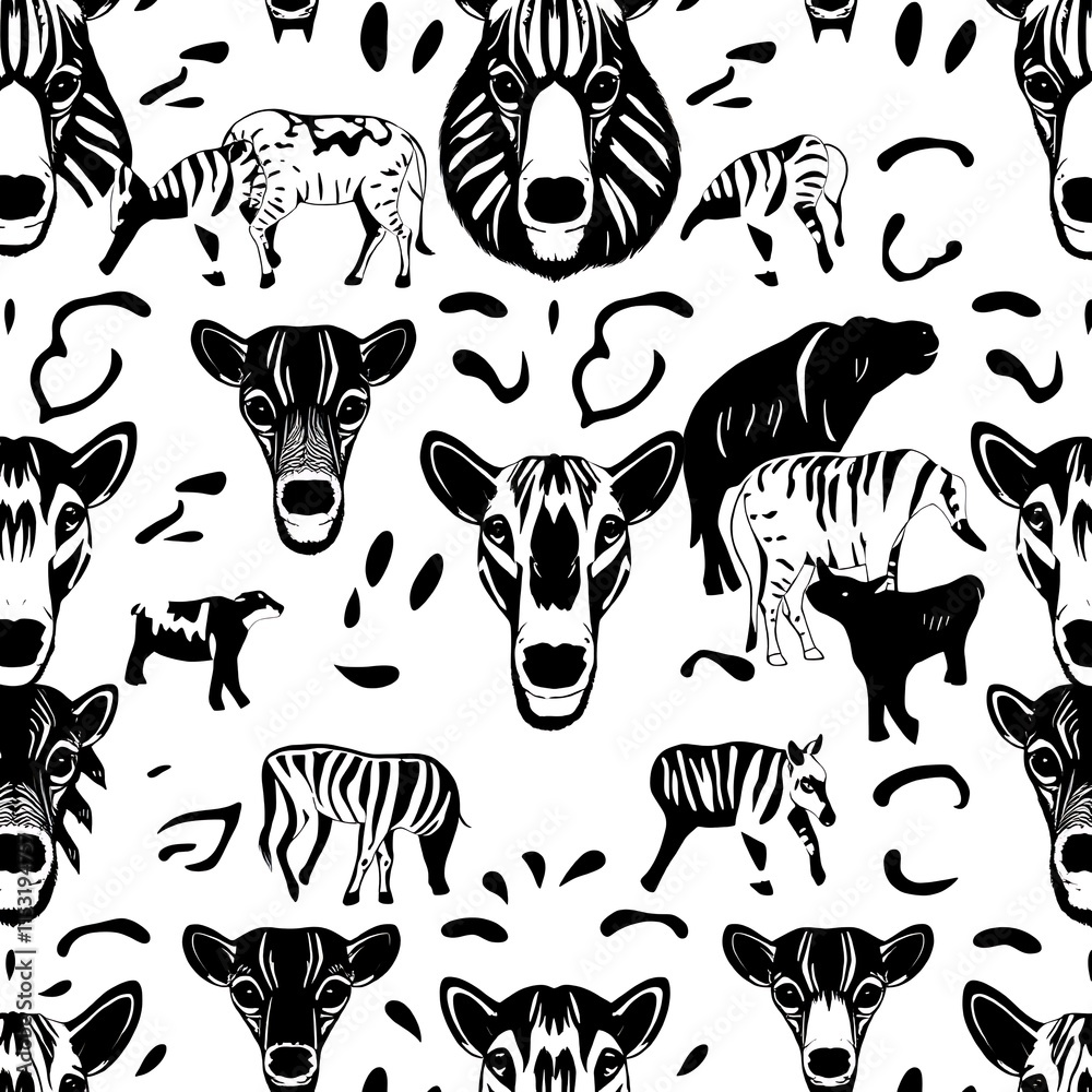 Obraz premium Black and White Zebra and Cow Seamless Pattern: A whimsical and stylish seamless pattern featuring black and white zebras and cows in a variety of poses.