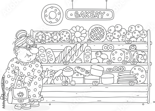 Funny granny with her shopping bag standing in front of a shopboard in a bakery, surrounded by long loafs, breads, rolls, buns, pies, pasties and cakes in a shop, black and white vector cartoon