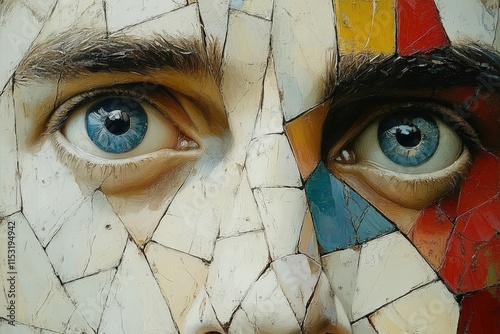 Close-up of a man's face with striking blue eyes, artistically fragmented with colorful mosaic patterns, evoking a sense of depth and emotion.