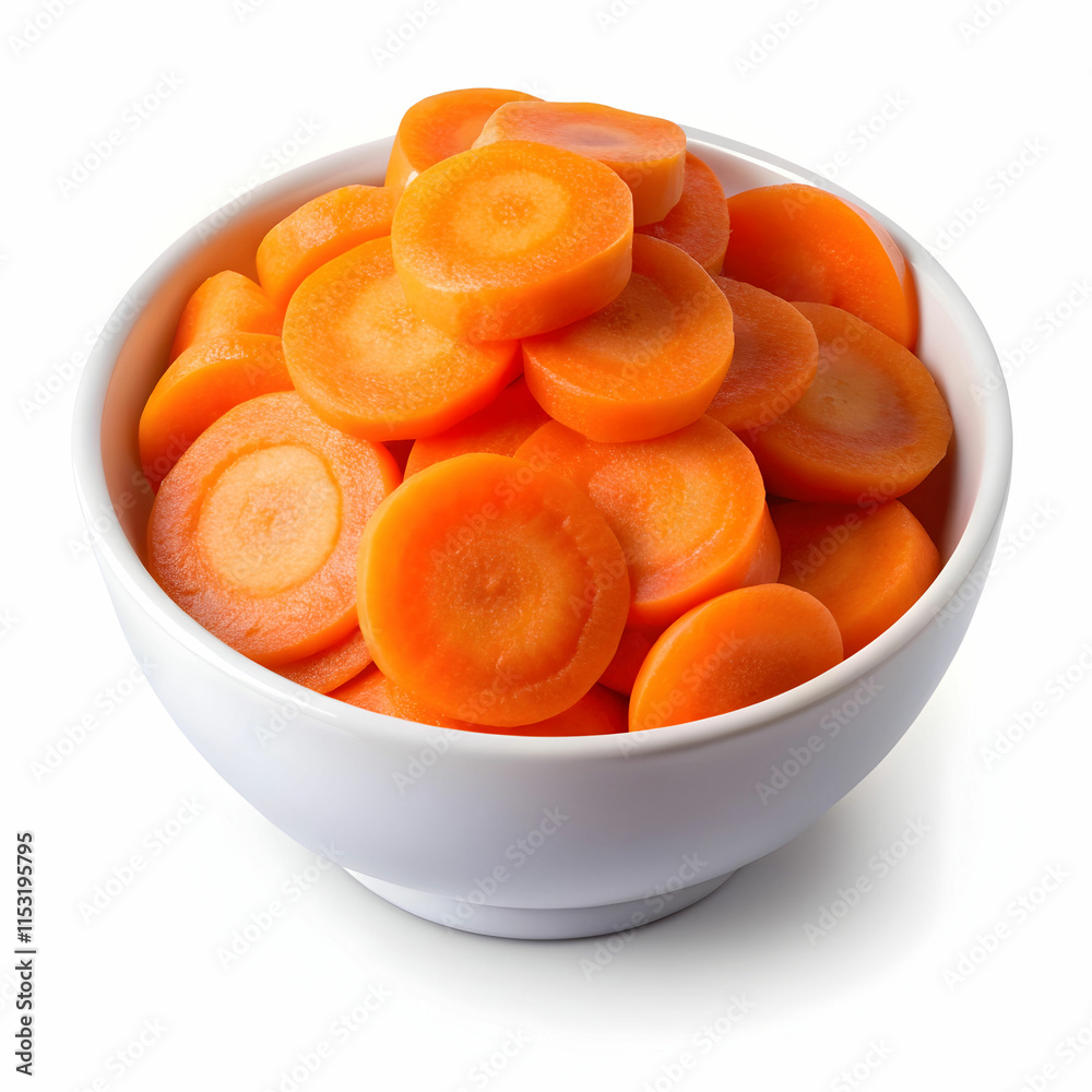 Fresh carrot slices neatly arranged in a white bowl, isolated on a transparent background perfect for culinary designs, Fresh carrot slices neatly arranged in a white bowl, isolated on a transparent background perfect for culinary designs,