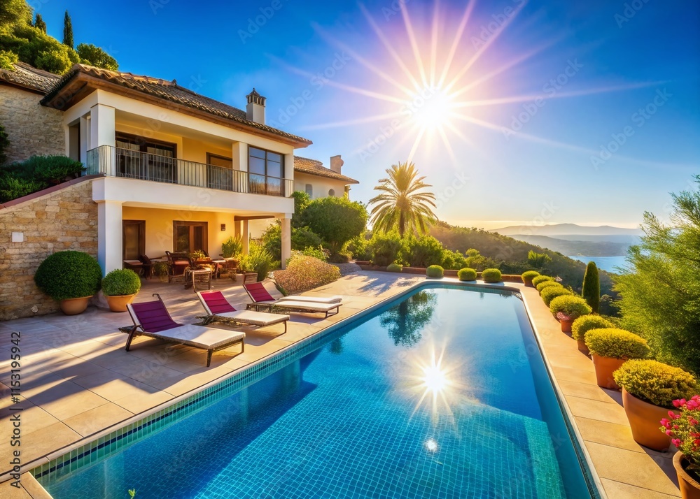 Fototapeta premium Luxurious Mediterranean Villa Summer Escape: Stunning Pool & Blue Sky