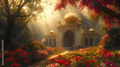 A digital painting of a golden pavilion nestled within a vibrant garden bathed in sunlight.