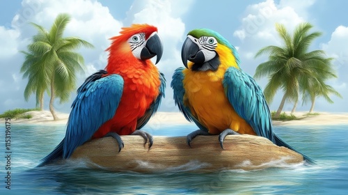 Two macaws perched on a log in tropical water. photo