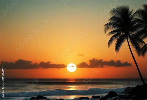 Silhouetted Palm Trees at Sunset, Tropical Beach Scene photo