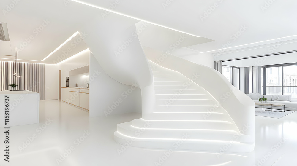 Fototapeta premium Modern Minimalist White Staircase Design in a Luxurious Home, Ascending Elegantly to Upper Levels with Integrated Lighting.