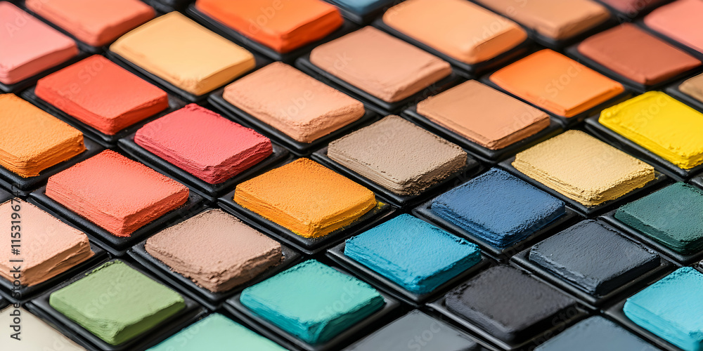 Vibrant Hues, A Colorful Array of Pigments in a Palette, Arranged in Geometric Pattern, Displaying Diverse Shades and Textures. Vibrant Hues, A Colorful Array of Pigments in a Palette, Arranged in Geometric Pattern, Displaying Diverse Shades and Textures.