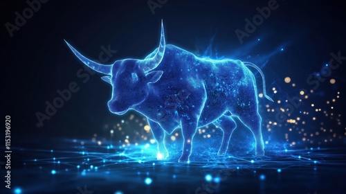 Futuristic Digital Bull Illuminated in Blue Light on Dark Background - Finance Concept