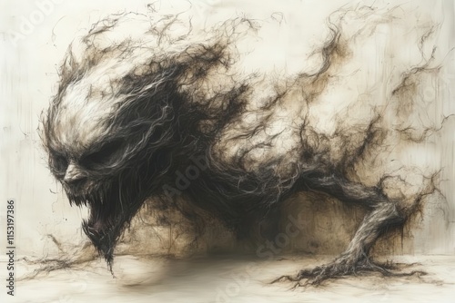 A monstrous creature emerging from swirling shadows, featuring dark textures and a fierce expression. photo