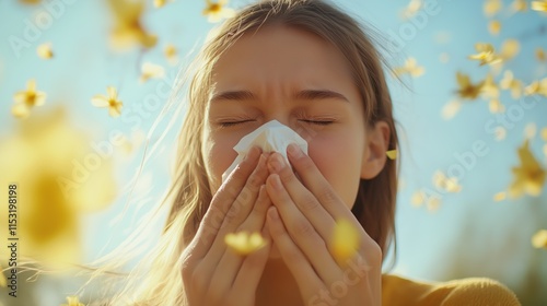 Young Woman Sneezing into a Tissue Among Flying Blossoms