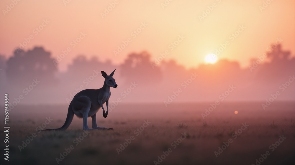 Kangaroo stands quietly in a misty landscape at dawn as the sun rises over the horizon in an Australian bush setting Kangaroo stands quietly in a misty landscape at dawn as the sun rises over the horizon in an Australian bush setting
