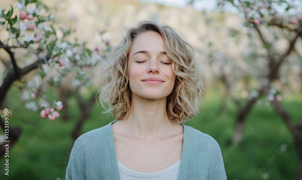 Young woman is smiling softly with her eyes closed in a garden with apple trees and pink flowers, Generative AI Young woman is smiling softly with her eyes closed in a garden with apple trees and pink flowers, Generative AI