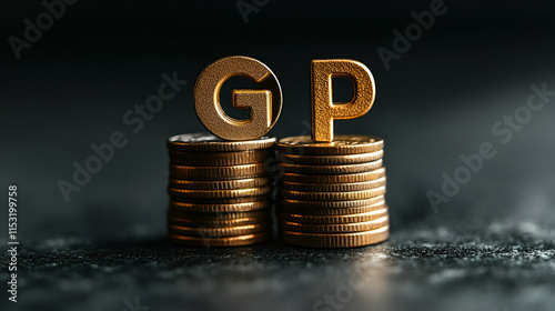 Golden GP on Coin Stacks, Growth & Prosperity in Finance, signifying economic increase and wealth accumulation. photo