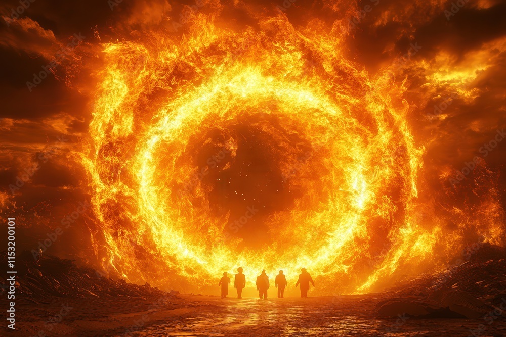 Fototapeta premium Silhouetted figures walk towards a massive fiery portal against a dramatic sky, embodying themes of adventure and mystery.