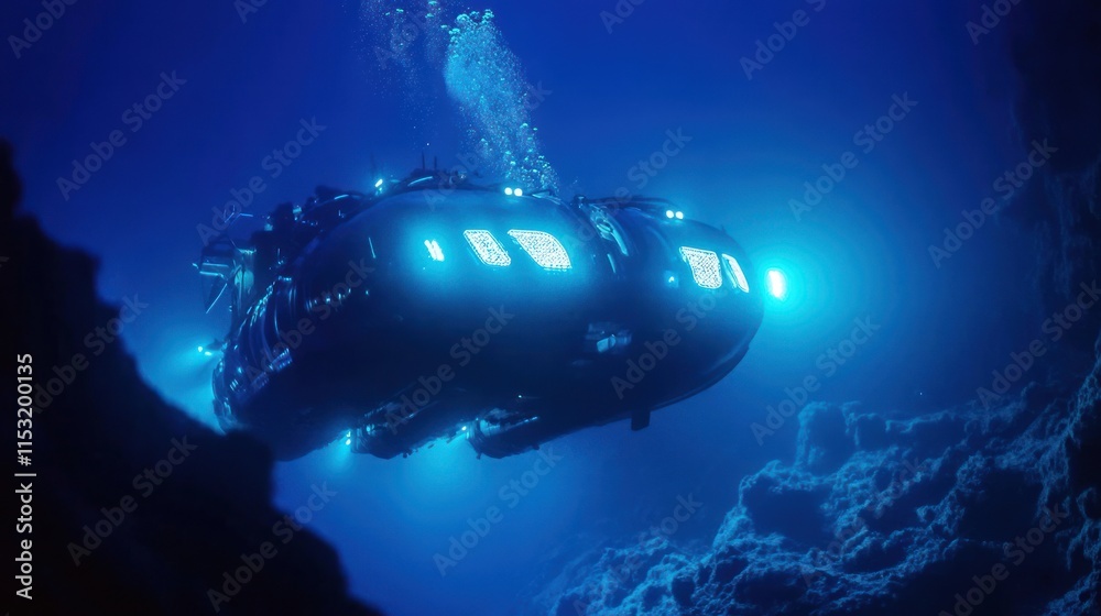 A futuristic submarine exploring the deep blue ocean, illuminated by bright lights. A futuristic submarine exploring the deep blue ocean, illuminated by bright lights.