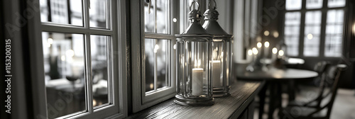 Silver Lanterns with Candles on Windowsill, Illuminating Cozy Interior, Creating Warm Ambiance at Night photo