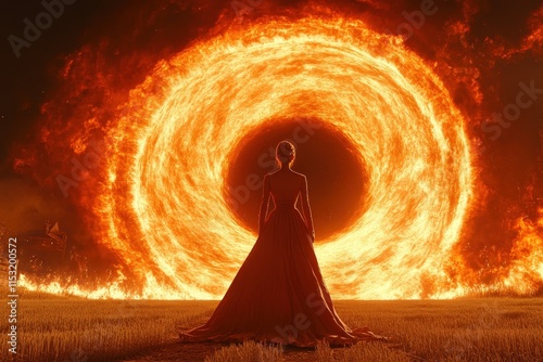 A silhouetted female figure stands before a fiery portal, dressed in an elegant red gown, evoking a sense of mystery and fantasy.