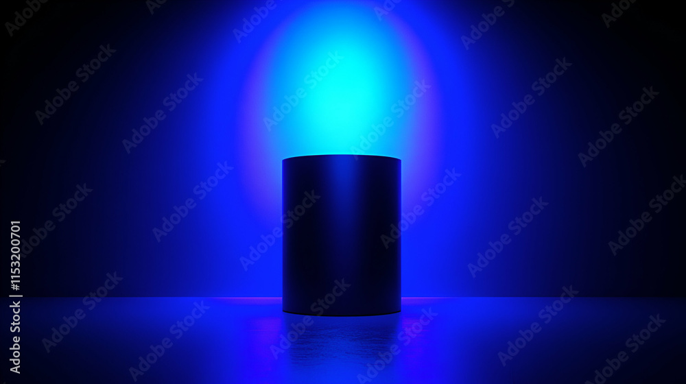 Dark Cylinder Under Blue Light, Abstract Background: Illuminated Object Stands Silently, Reflecting Vividly Dark Cylinder Under Blue Light, Abstract Background: Illuminated Object Stands Silently, Reflecting Vividly
