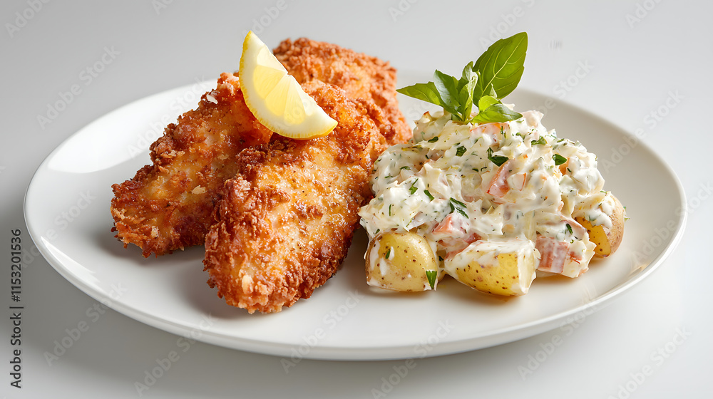 Crispy Golden Schnitzel Garnished with Fresh Slice of Lemon Crispy Golden Schnitzel Garnished with Fresh Slice of Lemon