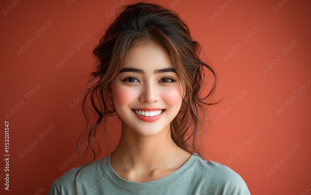 Asian woman smiling and wearing a t-shirt in studio color background Asian woman smiling and wearing a t-shirt in studio color background