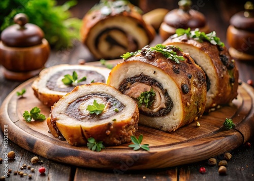 Macro Close-up of Truffle Chicken Roulade Slices with Rich Mushroom Duxelles Stuffing photo