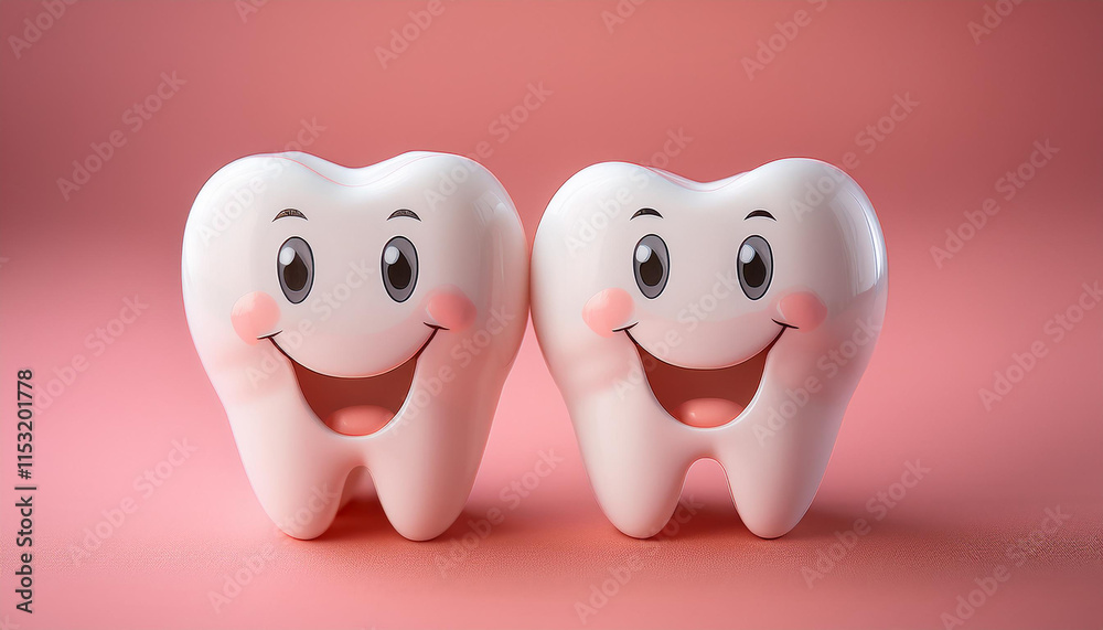 Fototapeta premium Two cartoon teeth, pink backdrop. Health and dental hygiene concept.