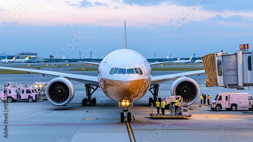 Airport airplane at gate with ground crew servicing airport airplane and preparing airport airplane for boarding ,airport airplane boarding ,aircraft ground operations ,commercial jet terminal scene