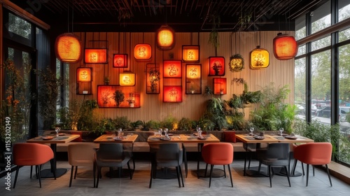 Warm-lit restaurant interior with Asian-inspired decor.