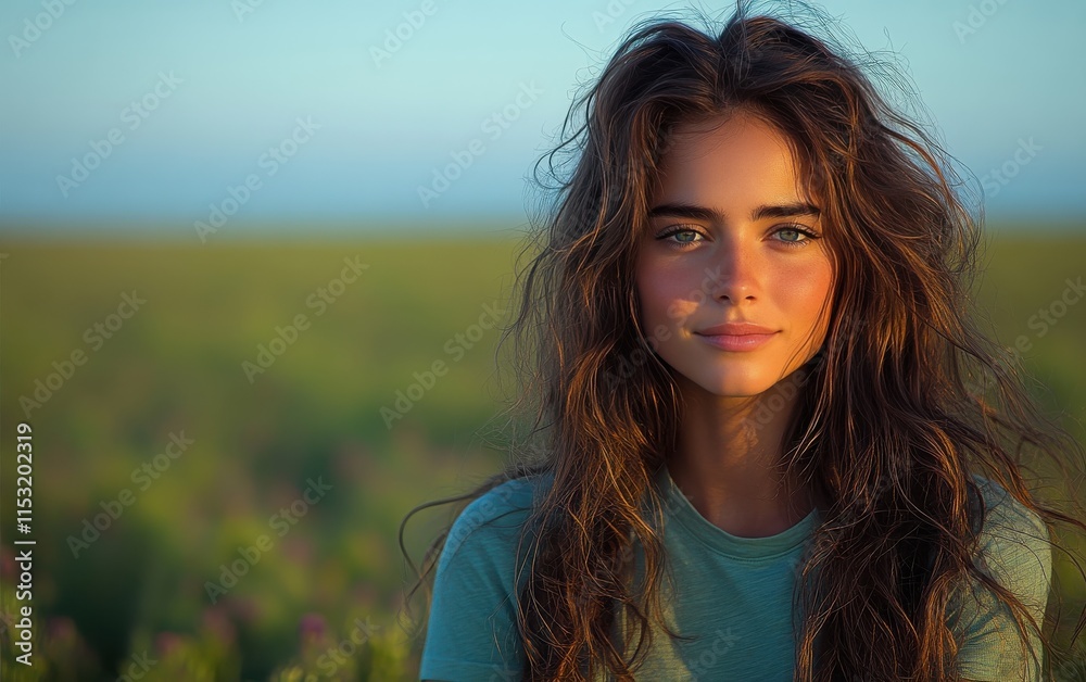 A woman with long brown hair is sitting in a field A woman with long brown hair is sitting in a field