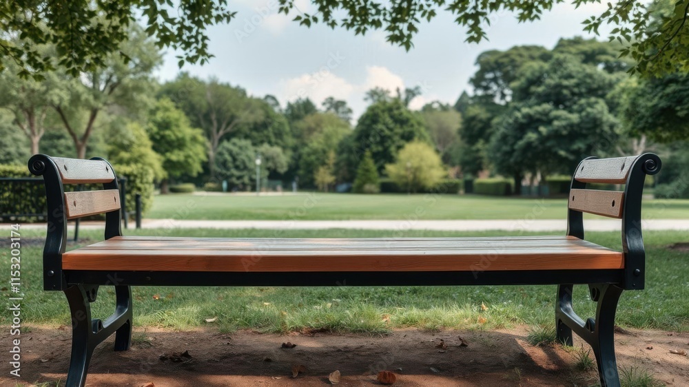 A Peaceful Park Scene with a Wooden Bench Surrounded by Lush Greenery and Trees, Perfect for Relaxation and Nature Appreciation A Peaceful Park Scene with a Wooden Bench Surrounded by Lush Greenery and Trees, Perfect for Relaxation and Nature Appreciation