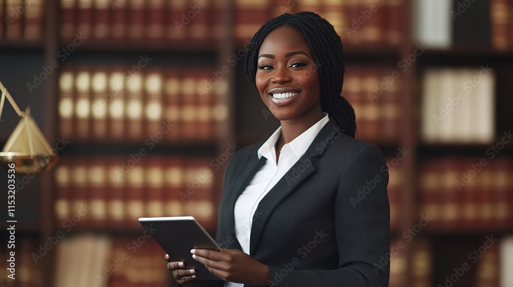 Smiling Black Female Lawyer Holding Tablet in Library Setting Smiling Black Female Lawyer Holding Tablet in Library Setting