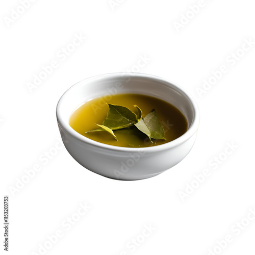 Small ceramic bowl filled soup with bay leaves