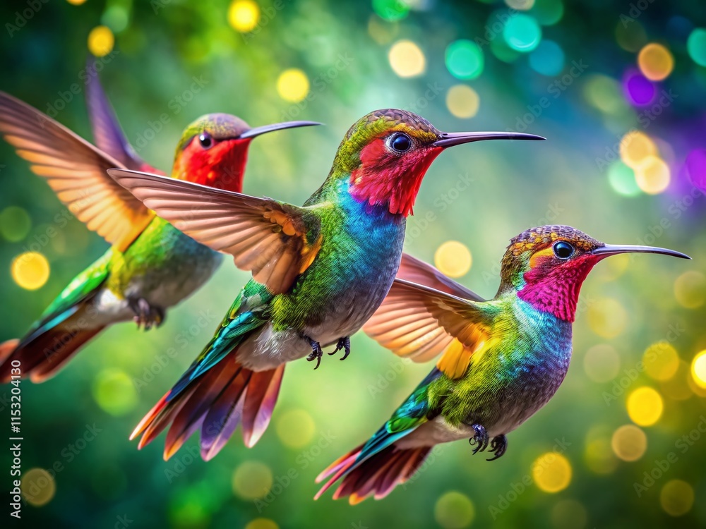 Fototapeta premium Macro Photography: Four Hummingbirds in Flight, Vibrant Feathers, Nature Close-Up