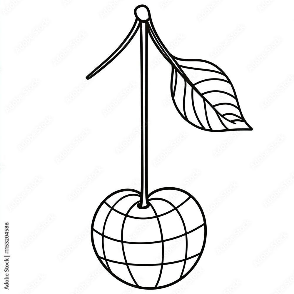 Line drawing of a single cherry with a leaf Line drawing of a single cherry with a leaf
