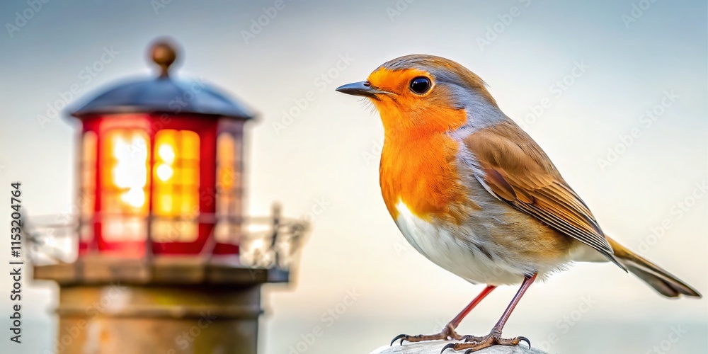 Fototapeta premium Macro Photography: Lighthouse, Wild Robin, Isolated on White Background
