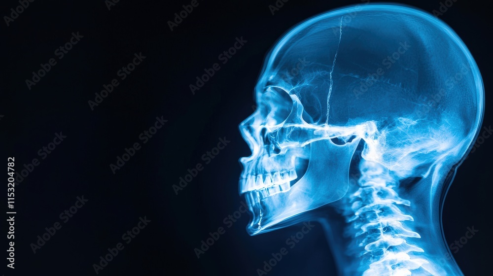 Side-view X-ray of a skull showing a detailed fracture line near the temporal bone Side-view X-ray of a skull showing a detailed fracture line near the temporal bone