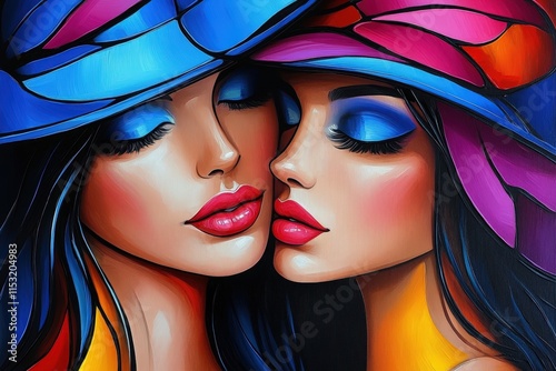 Two elegant women with vibrant hats and striking makeup, showcasing beauty and confidence in a colorful artistic style.