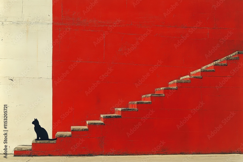 A black cat sits on a red staircase, creating a striking contrast against the bold colors and minimalist design. A black cat sits on a red staircase, creating a striking contrast against the bold colors and minimalist design.