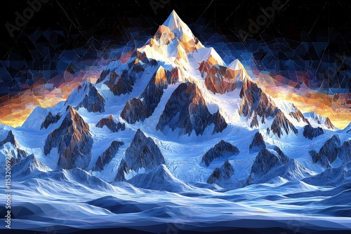 A stunning digital artwork of a majestic mountain range bathed in golden sunrise light, showcasing sharp peaks and snowy terrains.