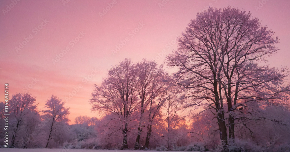 Frosty trees at a Moore in sunset with a pink sky in cold winter light Frosty trees at a Moore in sunset with a pink sky in cold winter light
