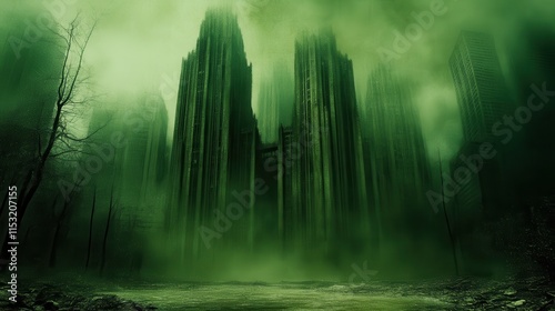 Eerie gothic skyscrapers shrouded in green fog.