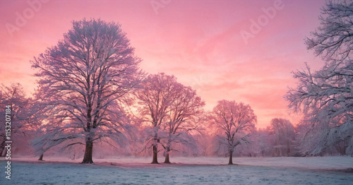 Frosty trees at a Moore in sunset with a pink sky in cold winter light