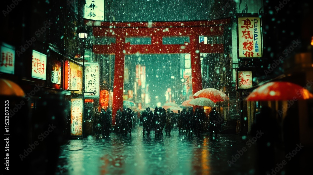 Obraz premium Snowfall in a vibrant, neon-lit Asian city street, featuring a torii gate.
